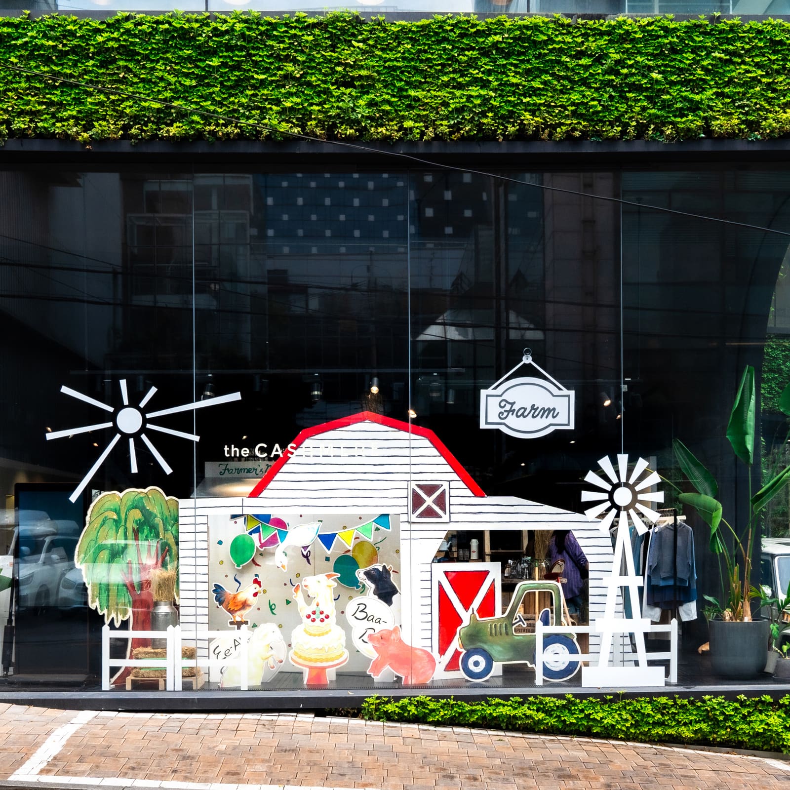 Farm-themed display in the window of the CASHMERE THINGS collaboration pop-up